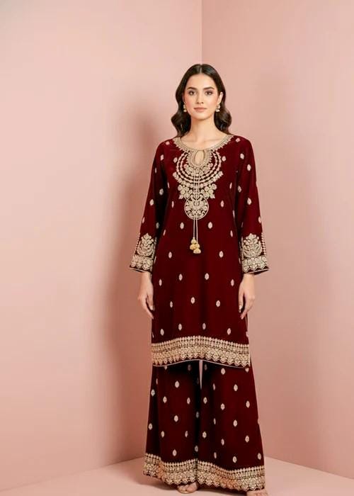 Embroidered Maroon Velvet Suit with Palazzo Pants - 2 Piece