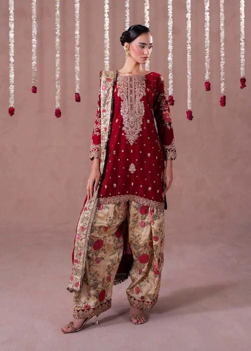 3 Piece Embroidered Charmeuse Silk Suit - Maroon and Gold - Antique Gold Tilla Work