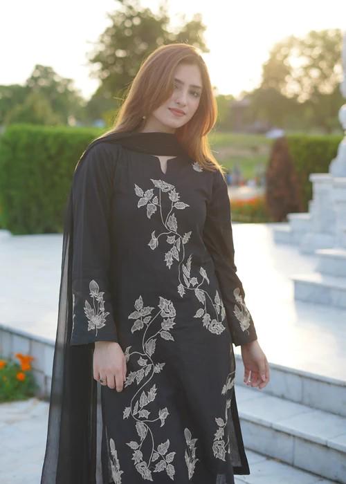 3 piece - Pakistani Designer Embroidered Lawn Suit - Black