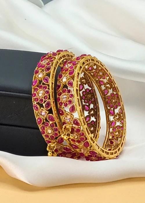 Ruby Red Gold Plated Bangles Pair (Kara) - 2.6 & 2.8