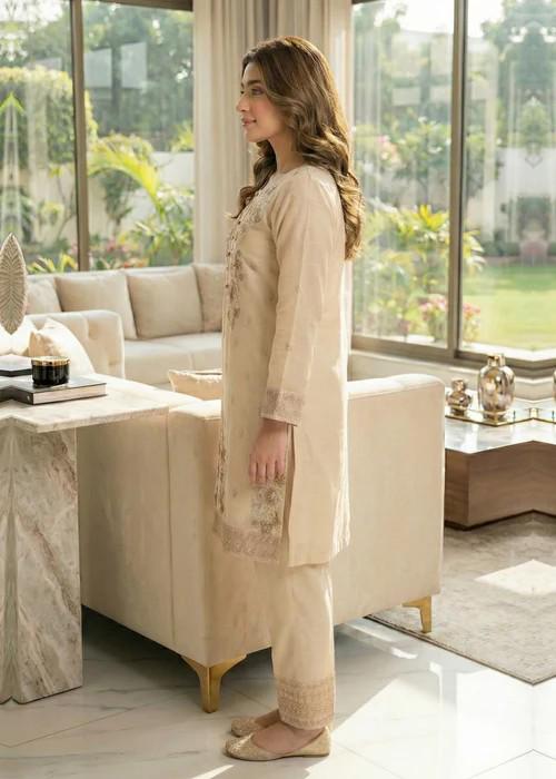 3 Piece Viscose Embroidered Suit - Off White
