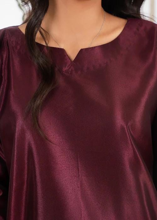 Kattan Silk Farshi Shalwar Suit - Wine Color - 3 Piece