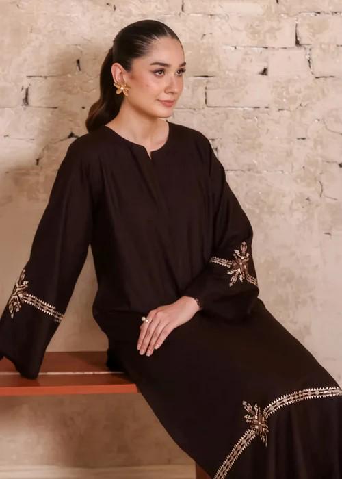2 Piece Embroidered Linen Suit - Coffee Brown