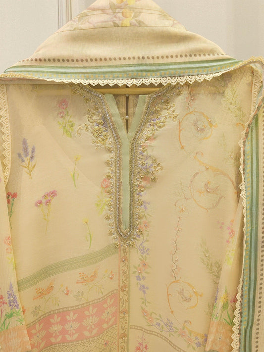 Agha Noor 3 Piece - Pure Embroidered Printed Cotton Net Suit, Raw Silk Pants