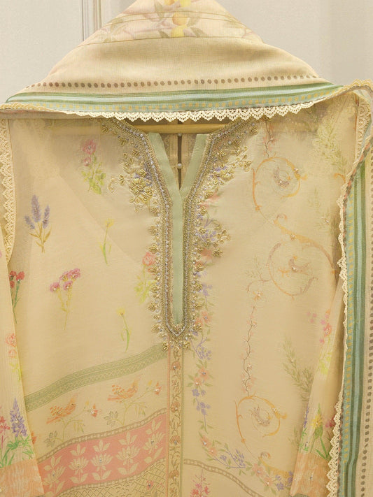 Agha Noor 3 Piece - Pure Embroidered Printed Cotton Net Suit, Raw Silk Pants