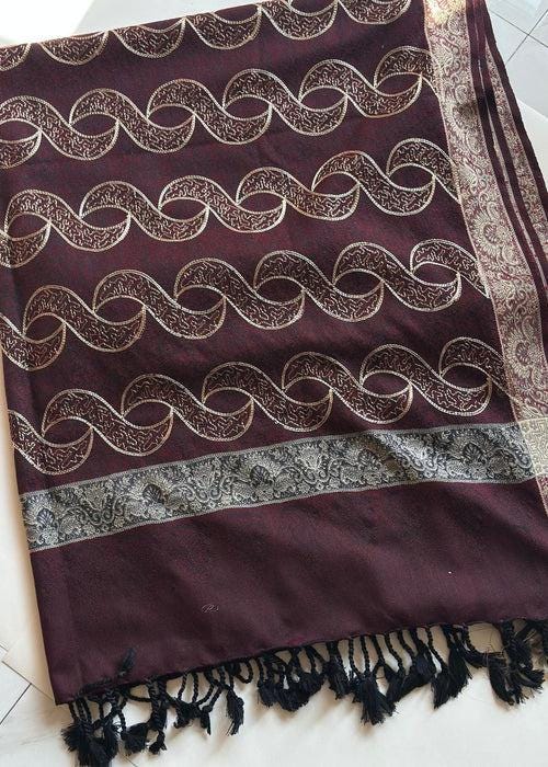 Embroidered Acrylic Woolen Shawl - Maroon Chain Design