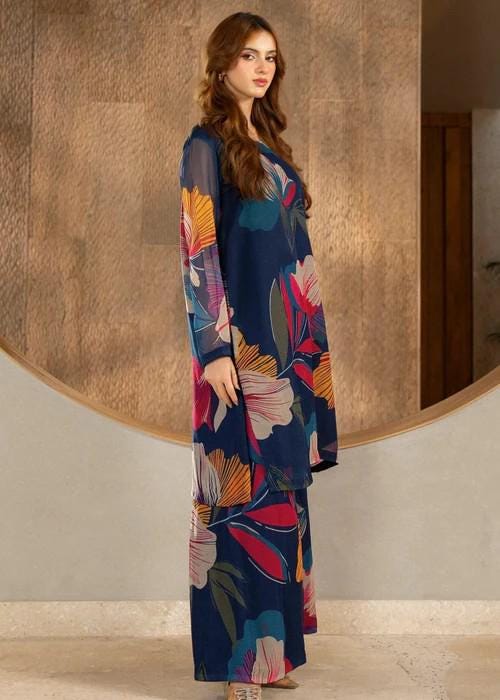 Printed Chiffon Culotte Designer Suit - 2 Piece Navy Blue
