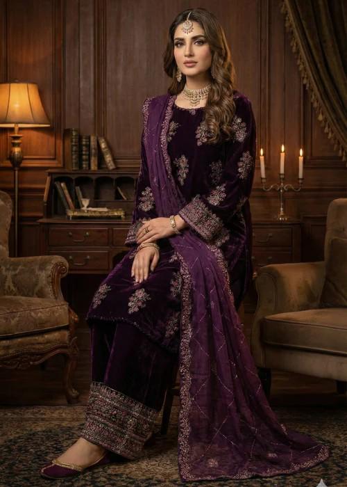 Embroidered Velvet Palazzo Suit - 3 Piece - Organza Dupatta