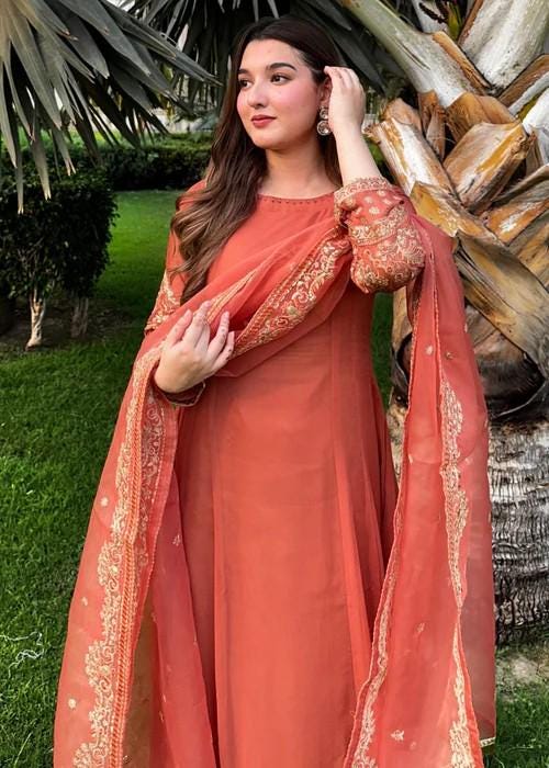 Embroidered Chiffon Suit - Coral Orange - Organza Dupatta