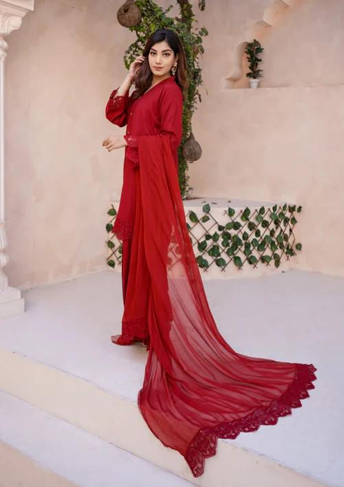 Raw Silk Farshi Shalwar Suit - Red - 3 Piece