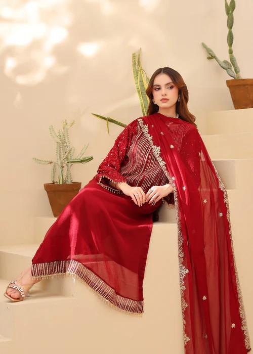 3 Piece Embroidered Chiffon Dress - Silk Trousers