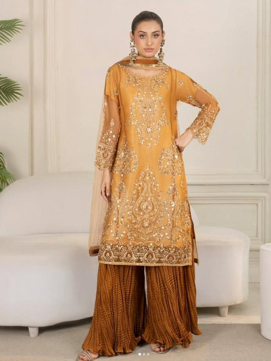Embroidered Organza and Raw Silk Crush Sharara Suit - 3 Piece