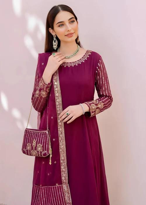 Embroidered Chiffon Dress with Potli Bag - Magenta - 4 Piece