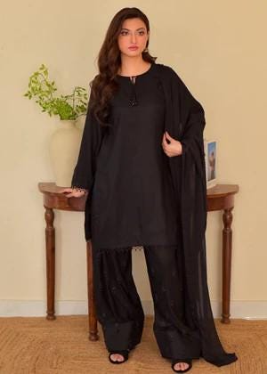 Embroidered Raw Silk Farshi Shalwar with Chiffon Dupatta - Black