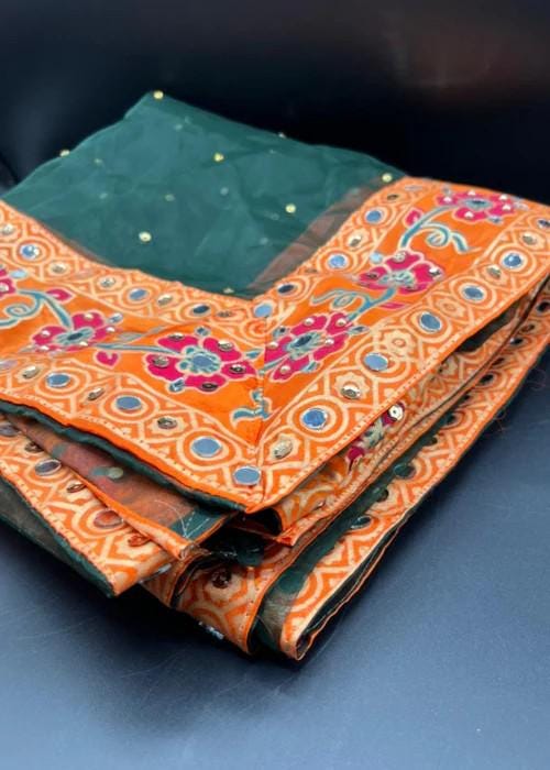 Embroidered Tissue Silk Dupatta with Mirror Work - Bottle Green