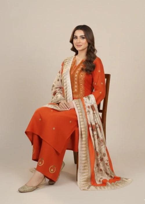Embroidered Linen Culotte Suit - Rust Color