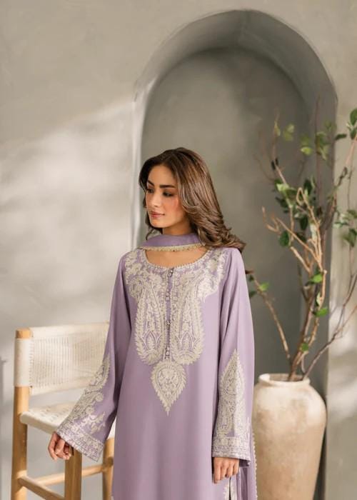 3 Piece Embroidered Linen Long Kurta and Pants Suit - Lilac
