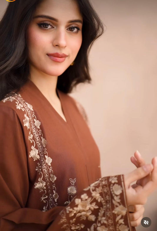 Agha Noor 2 piece - Embroidered Khaddar Suit - Dark Brown