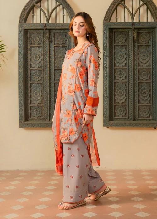3 Piece Printed Raw Silk Farshi Shalwar Suit - Chiffon Dupatta