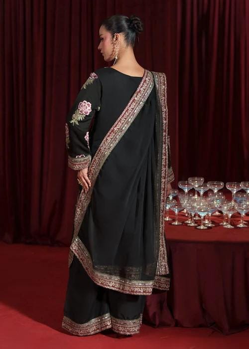 3 Piece Embroidered Chiffon Palazzo Suit - Raw Silk Pants