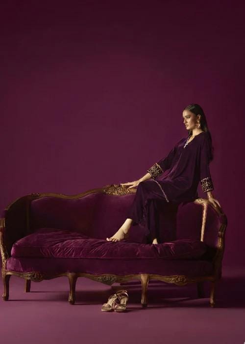 Embroidered Velvet Kurta Set - 2 Piece Designer Wear - Deep Purple