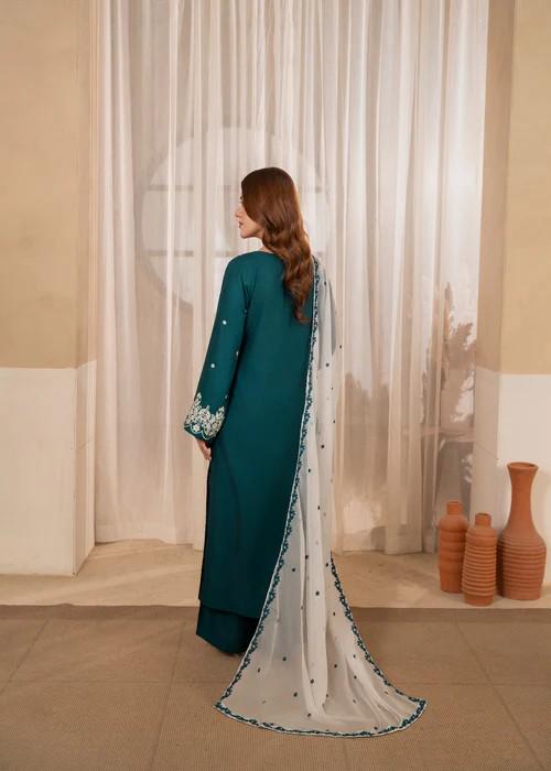 Embroidered Linen Culotte Suit - Chiffon Dupatta - Pine Green
