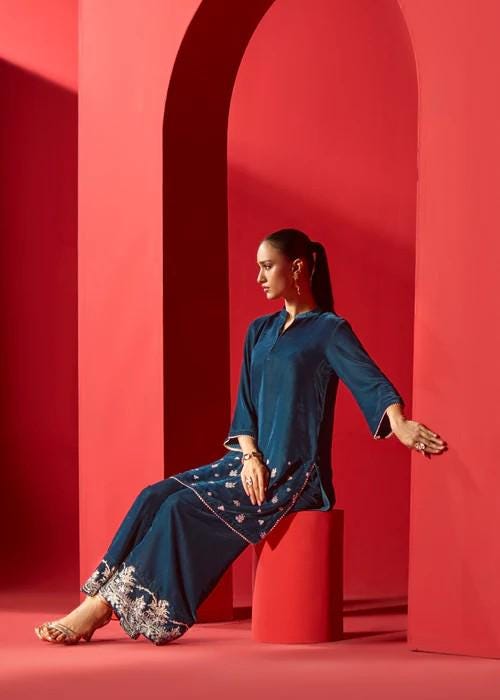 Embroidered Velvet Kurta Set - 2 Piece Designer Wear - Teal