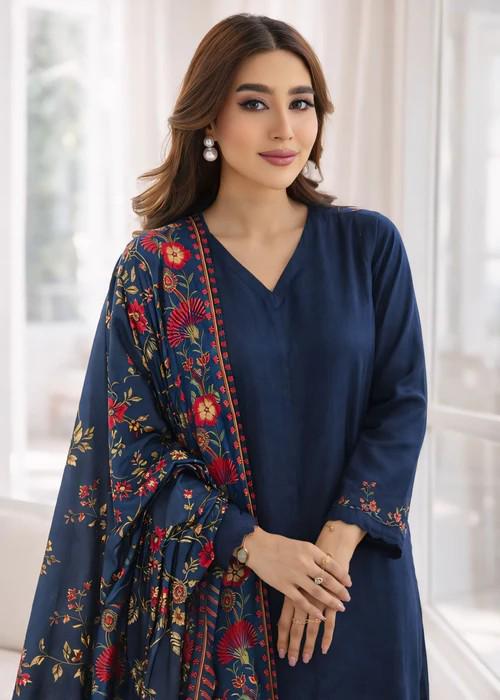 3 Piece Linen Kurta Set - Navy Blue - Herringbone Dupatta