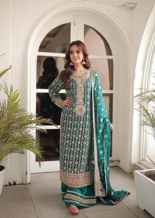 4 Piece Embroidered Chiffon Kurta Set with Potli Bag - Raw Silk Pants - Sea Green