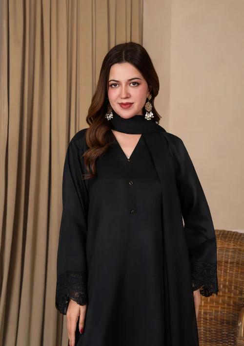 Embroidered Viscose Raw Silk Farshi Shalwar with Chiffon Dupatta - Black