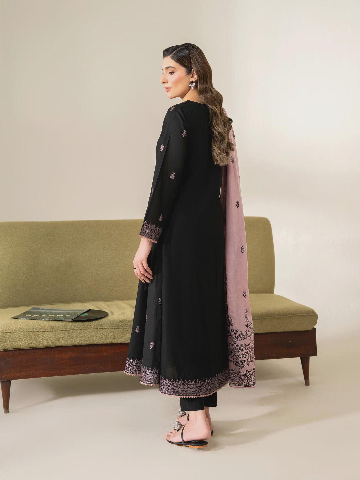 3 Piece Screen Printed Black Frock Suit