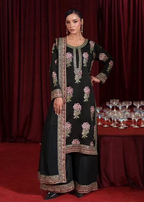 3 Piece Embroidered Chiffon Palazzo Suit - Raw Silk Pants