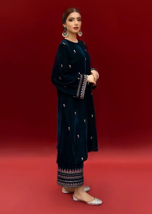Embroidered Velvet Kurta Set - 2 Piece Designer Wear - Teal Color