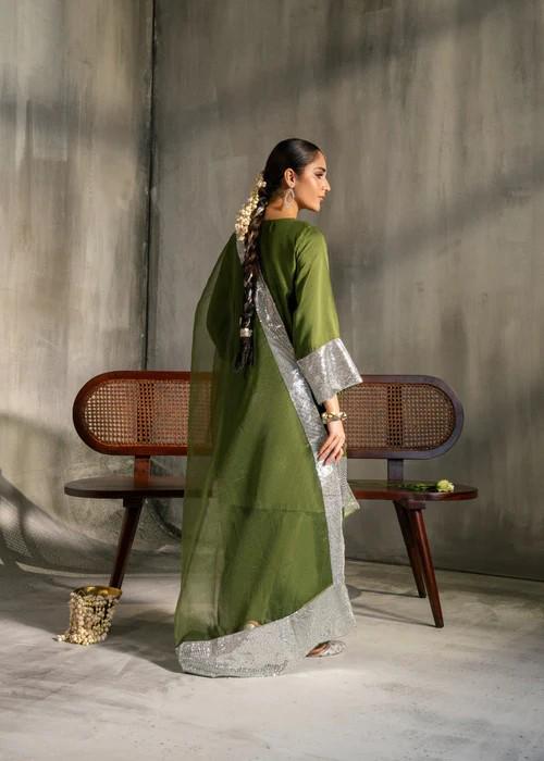 Viscose Raw Silk Farshi Shalwar with Organza Dupatta - Olive Green