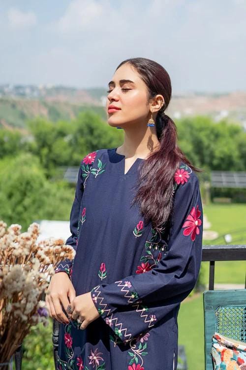 2 piece - Embroidered Soft Khaddar Farshi Shalwar Suit - Off White and Navy Blue