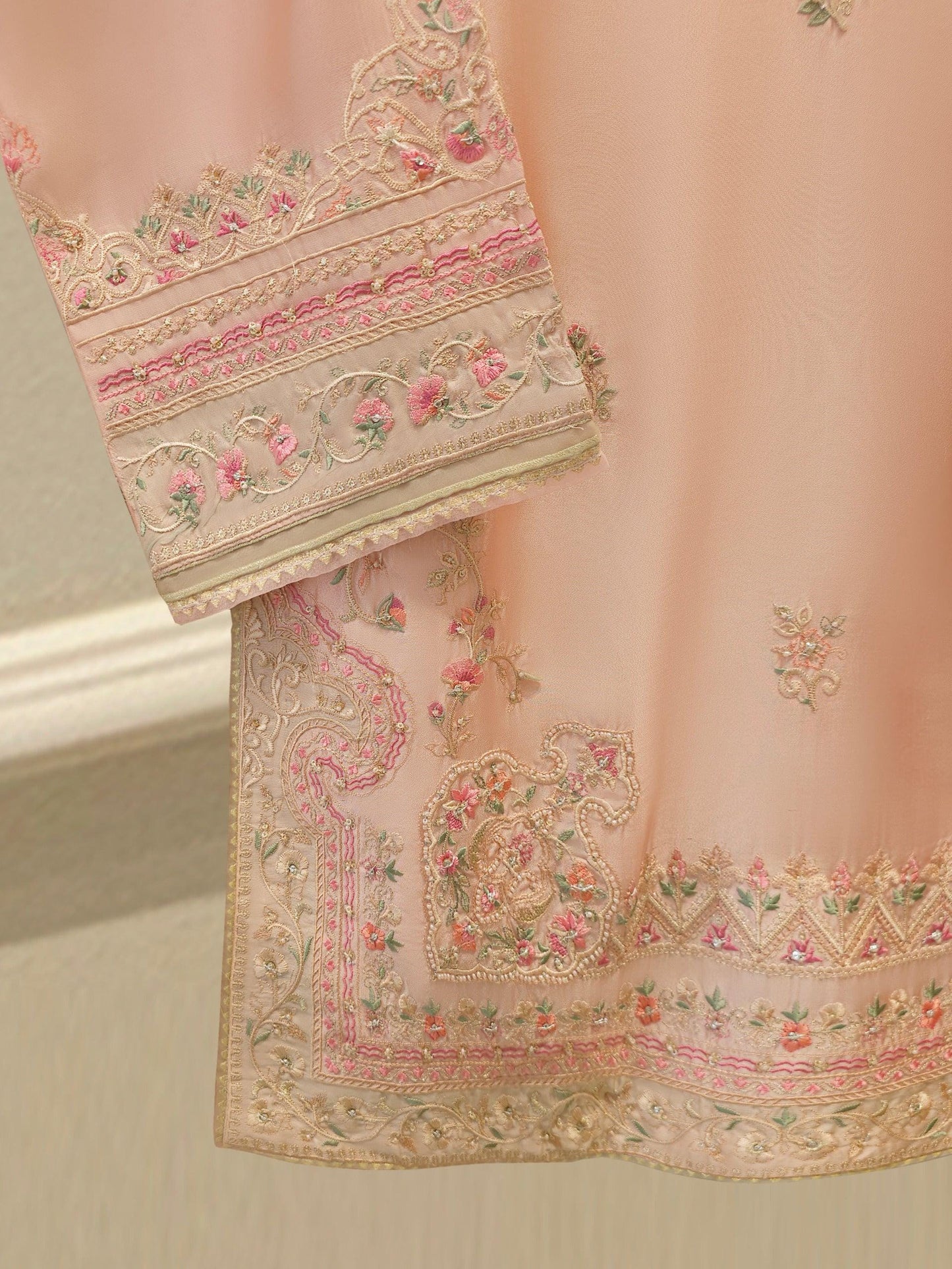 Agha Noor - 3 Piece - Pure Sheesha Silk Embroidered Suit - Peach