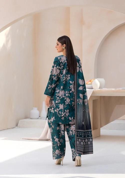 3 piece - Printed Soft Khaddar Suit - Bottle Green