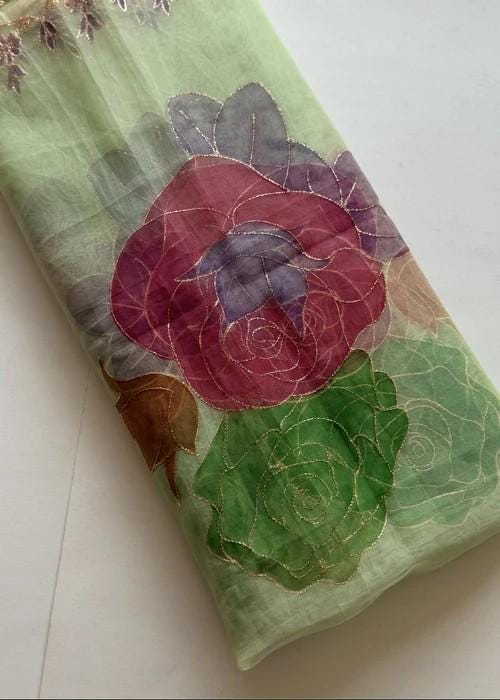 Hand Painted Organza Dupatta with Tilla Work - Mint Green