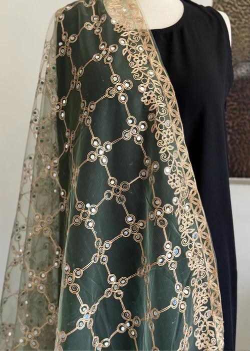 Gold and Green Embroidered Net Dupatta - Tilla Work