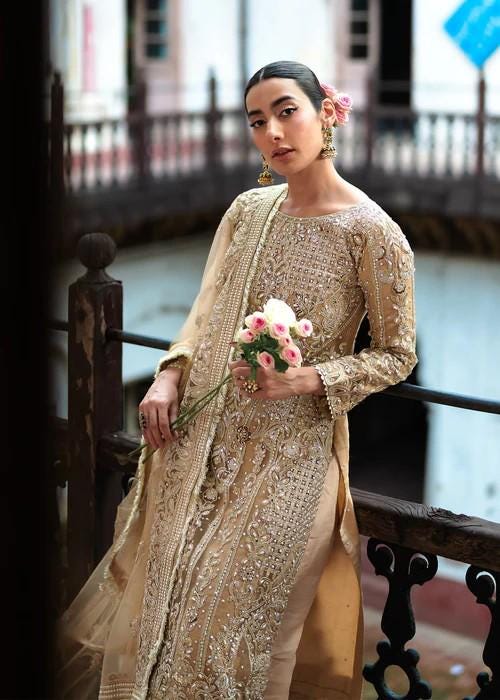 4 Piece Embroidered Net & Silk Suit With Potli Bag - Beige