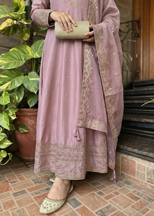 3 Piece Embroidered Silk Maxi Dress - Lilac