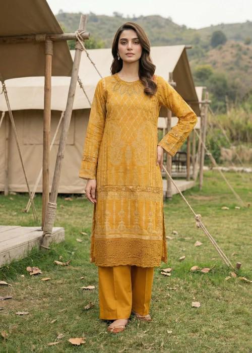 3 Piece Embroidered Jacquard Kurta Suit: Mustard