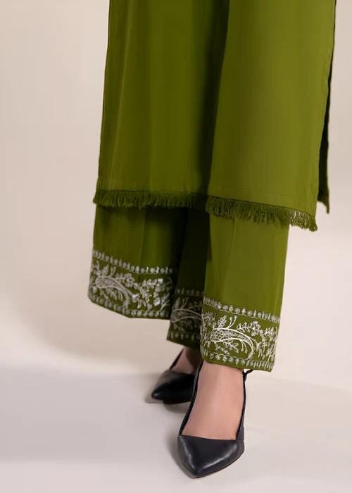 2 Piece Embroidered Linen Suit - Olive Green