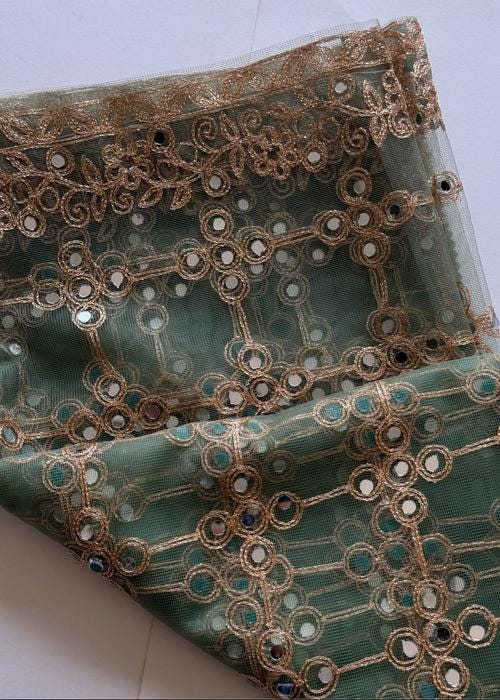 Gold and Green Embroidered Net Dupatta - Tilla Work