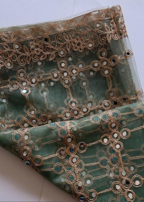Gold and Green Embroidered Net Dupatta - Tilla Work