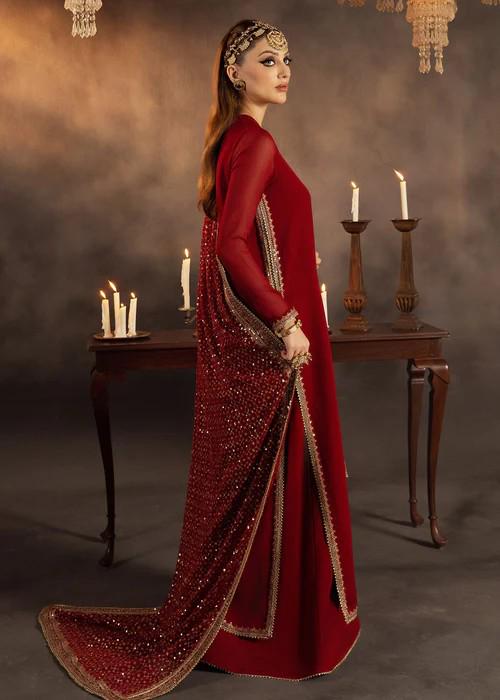 3 Piece Embroidered Long Kurta Chiffon and Raw Silk Sharara Suit