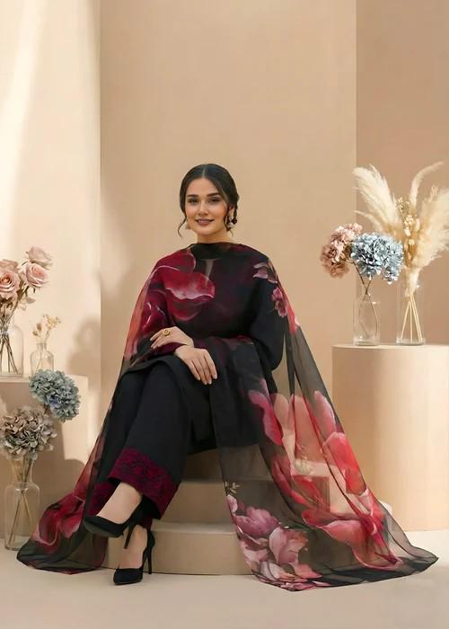 3 Piece Cambric Kurta Set - Printed Chiffon Dupatta