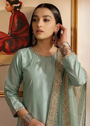 Embroidered Luxurious Silk Suit with Chiffon Dupatta - Moss Green