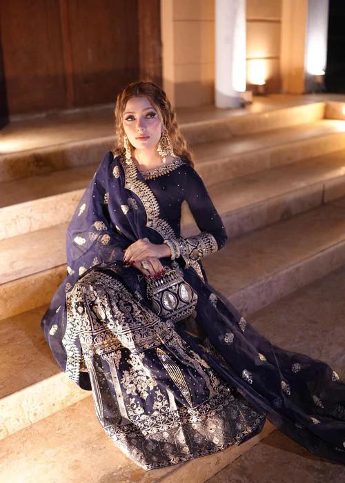 4 Piece Embroidered Chiffon Gharara with Potli Bag - Dark Blue