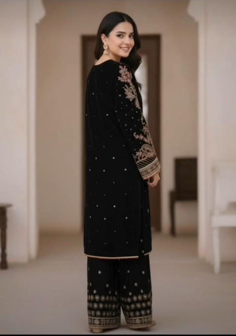 Embroidered Black Velvet Suit with Palazzo Pants - 3 Piece